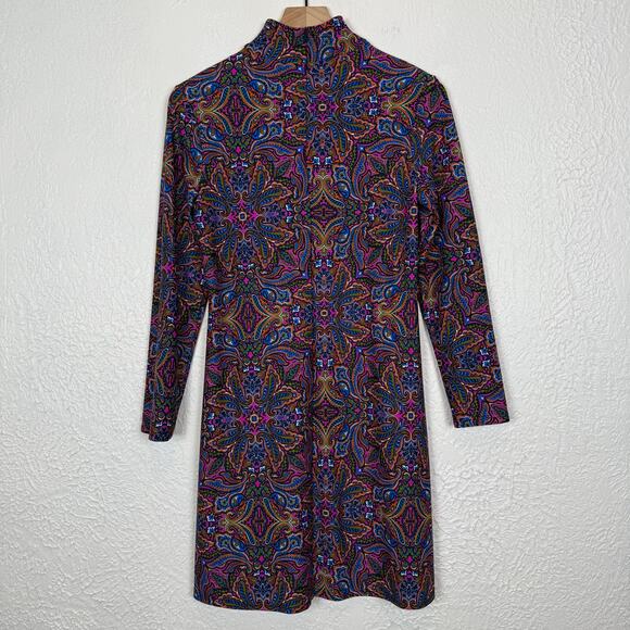 Jude Connally Colorful Paisley Print Mock Neck Long Sleeve Dress Size Small - Picture 2 of 5